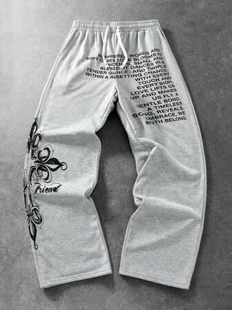 Goth Pantalones de chándal casuales de calle con estampado de letras y flores y cintura con cordón para hombre