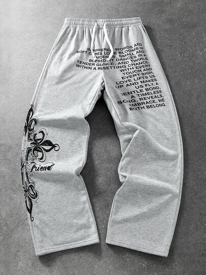 Goth Men's Letter & Floral Print Casual Streetwear Drawstring Waist Sweatpants