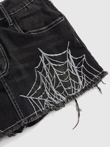 ROMWE Goth Dark Spider Web Embroidery Super Low-Waist Women Denim Mini Skirt - Black - View 5