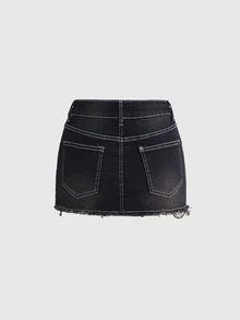 ROMWE Goth Dark Spider Web Embroidery Super Low-Waist Women Denim Mini Skirt - Black - View 2