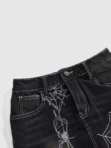 ROMWE Goth Dark Spider Web Embroidery Super Low-Waist Women Denim Mini Skirt - Black - View 4