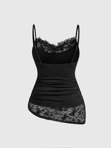 ROMWE Goth Plus Size Sexy Butterfly Lace Patchwork Minimalist Versatile Long Camisole Top - Black - View 2