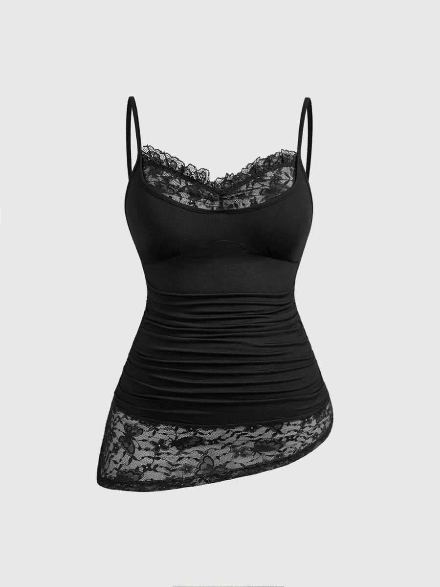 ROMWE Goth Plus Size Sexy Butterfly Lace Patchwork Minimalist Versatile Long Camisole Top - Black - View 1
