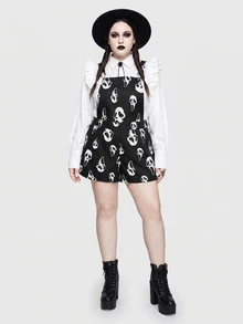 ROMWE Goth Plus Size Skull Print Bib Overalls - Black - View 3