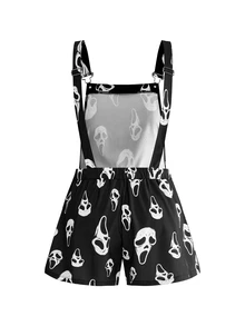 ROMWE Goth Plus Size Skull Print Bib Overalls - Black - View 2