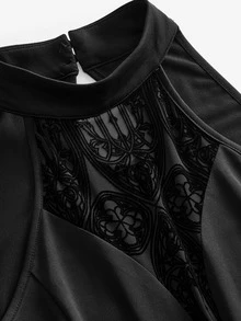 ROMWE Gothic Style Off-Shoulder Mesh Patchwork Deep V-Neck Asymmetrical Hem Dress - Black - View 4