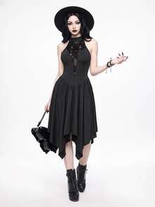 ROMWE Gothic Style Off-Shoulder Mesh Patchwork Deep V-Neck Asymmetrical Hem Dress - Black - View 3
