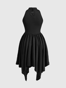 ROMWE Gothic Style Off-Shoulder Mesh Patchwork Deep V-Neck Asymmetrical Hem Dress - Black - View 2