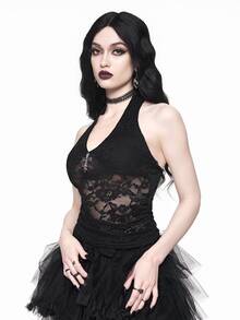 ROMWE Spring/Summer Casual Black Gothic Cross Decor Lace Cami Top For Women - Black - View 3