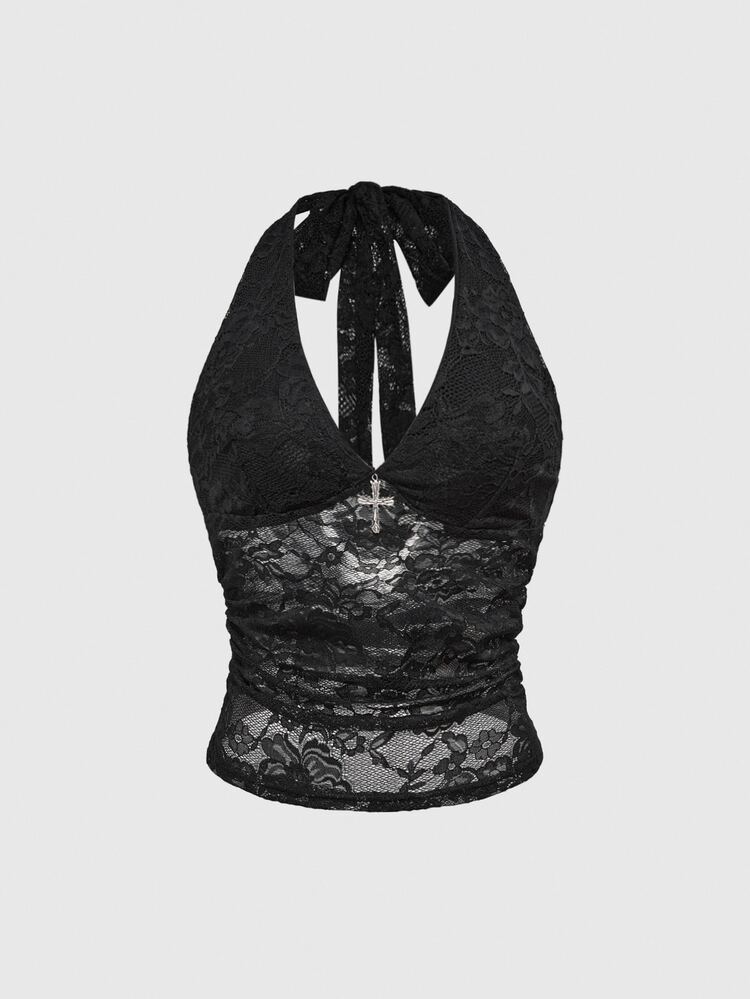 ROMWE Spring/Summer Casual Black Gothic Cross Decor Lace Cami Top For Women - Black - View 1