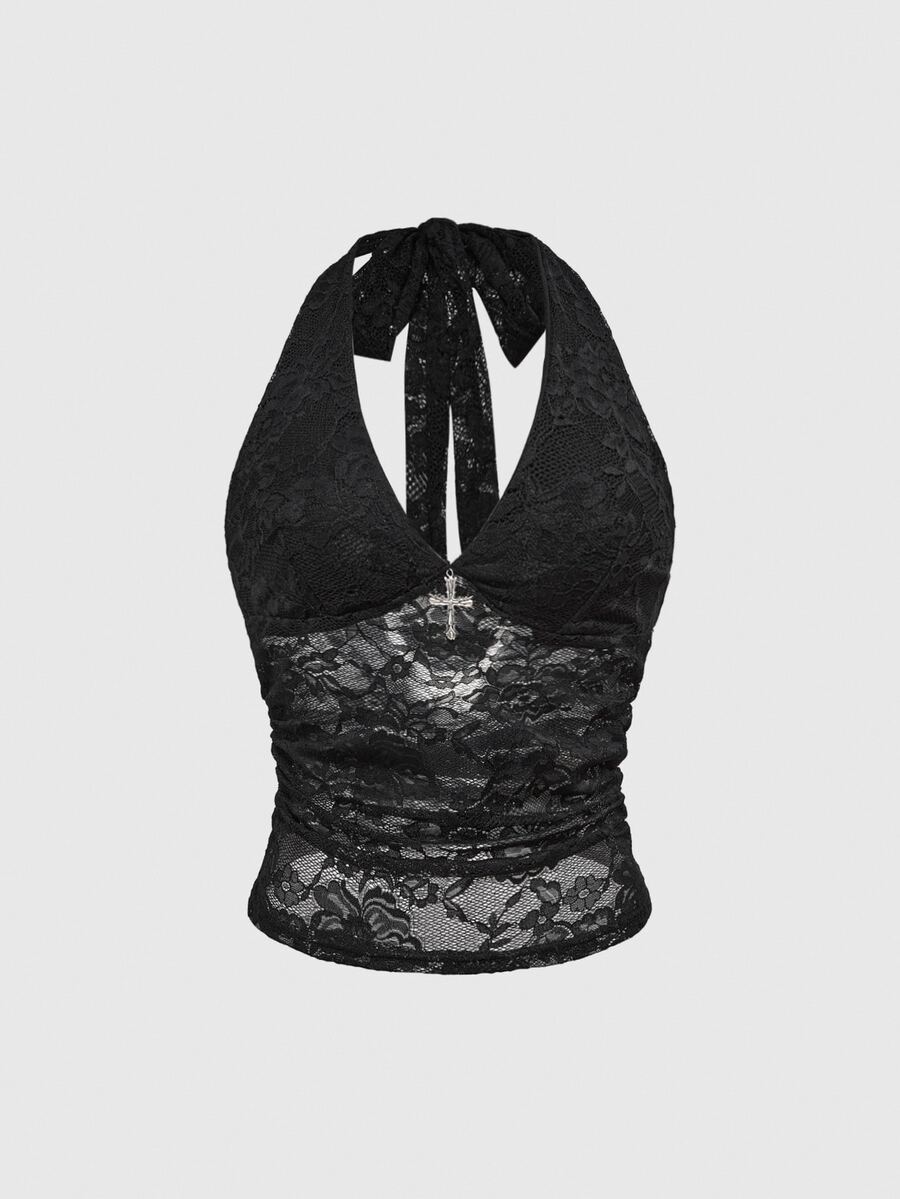ROMWE Spring/Summer Casual Black Gothic Cross Decor Lace Cami Top For Women - Black - View 1