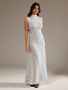 SHEIN Tall Polka Dot Print Mock Neck Ruched Waist Sleeveless Dress - White - View 4