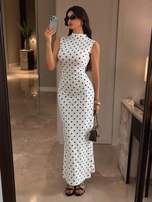 SHEIN Tall Polka Dot Print Mock Neck Ruched Waist Sleeveless Dress - White - View 3