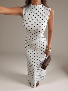 SHEIN Tall Polka Dot Print Mock Neck Ruched Waist Sleeveless Dress - White - View 6