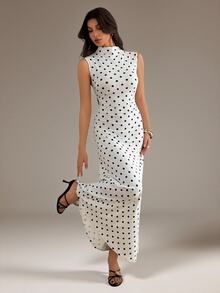SHEIN Tall Polka Dot Print Mock Neck Ruched Waist Sleeveless Dress - White - View 1