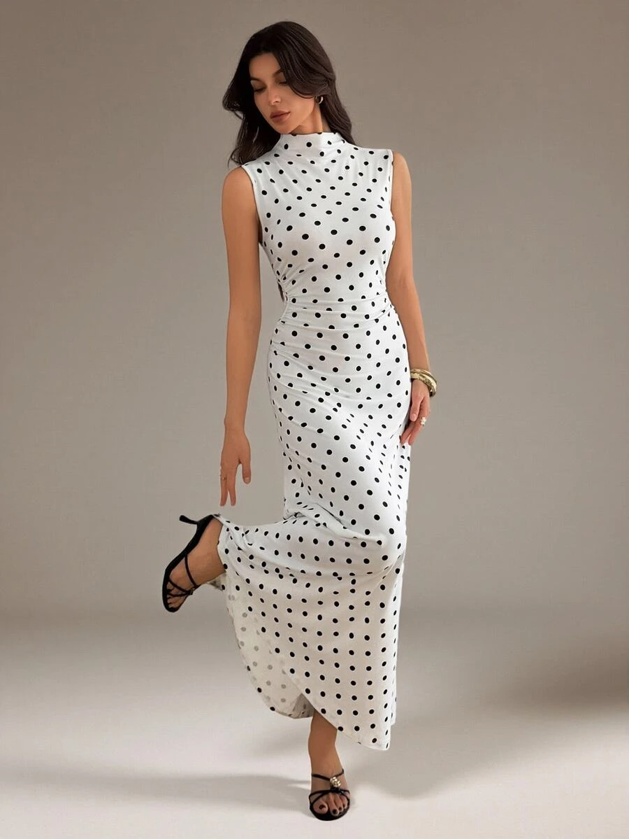 SHEIN Tall Polka Dot Print Mock Neck Ruched Waist Sleeveless Dress - White - View 1