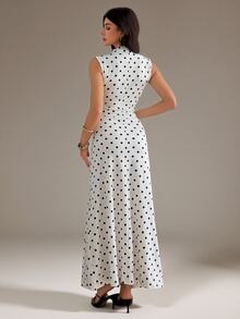 SHEIN Tall Polka Dot Print Mock Neck Ruched Waist Sleeveless Dress - White - View 2