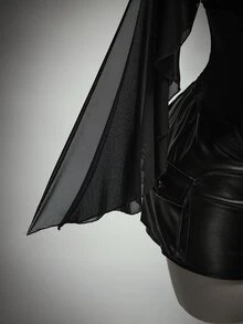 SHEIN ICON Women's Plus Size Summer Retro Goth Sexy Millennial Style Y2K Dark Gothic Halloween Outfit Asymmetrical Ruffle Sleeve Black Slim Fit Shirt Club Night Out - Black - View 7