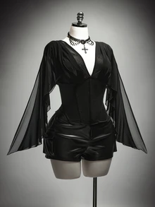 SHEIN ICON Women's Plus Size Summer Retro Goth Sexy Millennial Style Y2K Dark Gothic Halloween Outfit Asymmetrical Ruffle Sleeve Black Slim Fit Shirt Club Night Out - Black - View 5