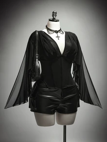 SHEIN ICON Women's Plus Size Summer Retro Goth Sexy Millennial Style Y2K Dark Gothic Halloween Outfit Asymmetrical Ruffle Sleeve Black Slim Fit Shirt Club Night Out - Black - View 1