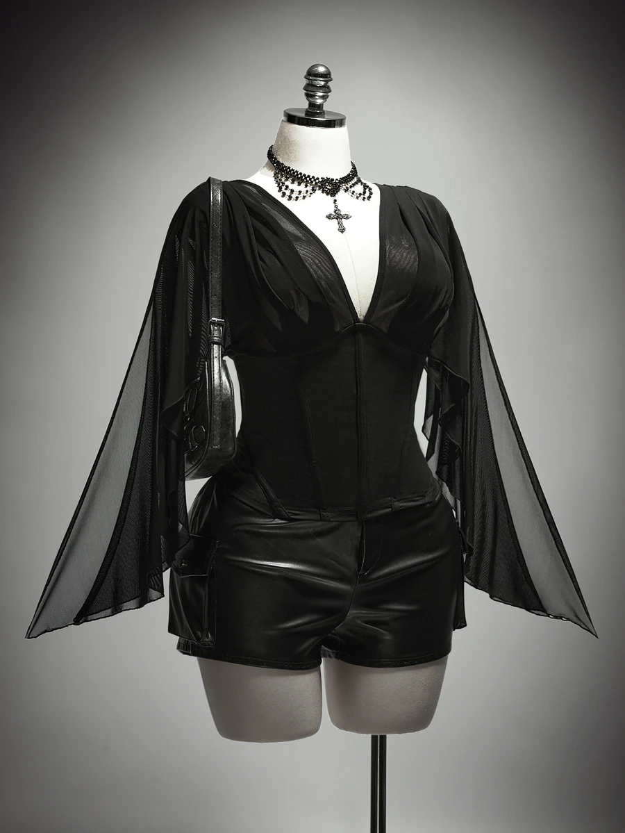 SHEIN ICON Women's Plus Size Summer Retro Goth Sexy Millennial Style Y2K Dark Gothic Halloween Outfit Asymmetrical Ruffle Sleeve Black Slim Fit Shirt Club Night Out - Black - View 1