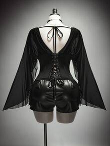 SHEIN ICON Women's Plus Size Summer Retro Goth Sexy Millennial Style Y2K Dark Gothic Halloween Outfit Asymmetrical Ruffle Sleeve Black Slim Fit Shirt Club Night Out - Black - View 2