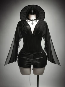 SHEIN ICON Women's Plus Size Summer Retro Goth Sexy Millennial Style Y2K Dark Gothic Halloween Outfit Asymmetrical Ruffle Sleeve Black Slim Fit Shirt Club Night Out - Black - View 9