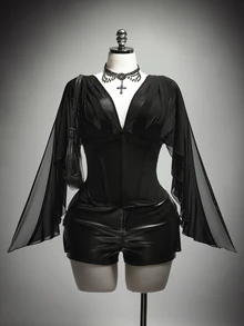 SHEIN ICON Women's Plus Size Summer Retro Goth Sexy Millennial Style Y2K Dark Gothic Halloween Outfit Asymmetrical Ruffle Sleeve Black Slim Fit Shirt Club Night Out - Black - View 6