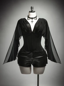 SHEIN ICON Women's Plus Size Summer Retro Goth Sexy Millennial Style Y2K Dark Gothic Halloween Outfit Asymmetrical Ruffle Sleeve Black Slim Fit Shirt Club Night Out - Black - View 4
