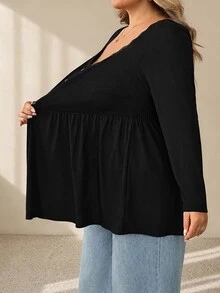 SHEIN CURVE+ US22 女款寬鬆休閒 A 字版型彈性娃娃領秋冬長袖上衣 - 黑色 - 查看 5