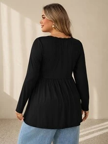 SHEIN CURVE+ US22 女款寬鬆休閒 A 字版型彈性娃娃領秋冬長袖上衣 - 黑色 - 查看 2