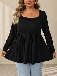 SHEIN CURVE+ US22 女款寬鬆休閒 A 字版型彈性娃娃領秋冬長袖上衣 - 黑色 - 查看 6