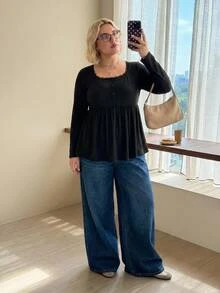SHEIN CURVE+ US22 女款寬鬆休閒 A 字版型彈性娃娃領秋冬長袖上衣 - 黑色 - 查看 4