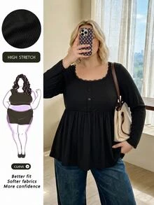 SHEIN CURVE+ US22 女款寬鬆休閒 A 字版型彈性娃娃領秋冬長袖上衣 - 黑色 - 查看 7