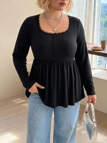SHEIN CURVE+ US22 女款寬鬆休閒 A 字版型彈性娃娃領秋冬長袖上衣 - 黑色 - 查看 3
