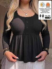 SHEIN CURVE+ US22 女款寬鬆休閒 A 字版型彈性娃娃領秋冬長袖上衣 - 黑色 - 查看 1