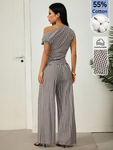 SHEIN PETITE Women's Brown Plaid Off-Shoulder Two Pieces Set With Metal Decor, Suitable For Office Wear - Brown - View 12