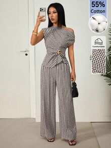 SHEIN PETITE Women's Brown Plaid Off-Shoulder Two Pieces Set With Metal Decor, Suitable For Office Wear - Brown - View 4