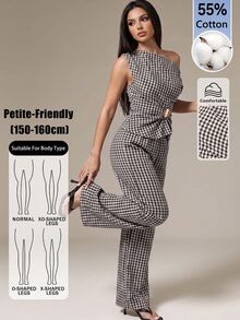 SHEIN PETITE Women's Brown Plaid Off-Shoulder Two Pieces Set With Metal Decor, Suitable For Office Wear - Brown - View 5