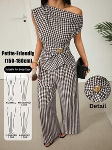 SHEIN PETITE Women's Brown Plaid Off-Shoulder Two Pieces Set With Metal Decor, Suitable For Office Wear - Brown - View 2