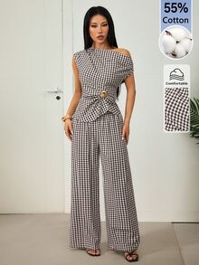 SHEIN PETITE Women's Brown Plaid Off-Shoulder Two Pieces Set With Metal Decor, Suitable For Office Wear - Brown - View 10
