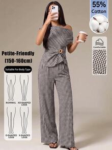 SHEIN PETITE Women's Brown Plaid Off-Shoulder Two Pieces Set With Metal Decor, Suitable For Office Wear - Brown - View 7