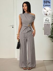 SHEIN PETITE Women's Brown Plaid Off-Shoulder Two Pieces Set With Metal Decor, Suitable For Office Wear - Brown - View 11
