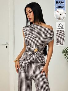 SHEIN PETITE Women's Brown Plaid Off-Shoulder Two Pieces Set With Metal Decor, Suitable For Office Wear - Brown - View 6