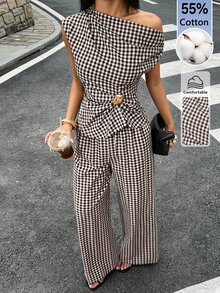 SHEIN PETITE Women's Brown Plaid Off-Shoulder Two Pieces Set With Metal Decor, Suitable For Office Wear - Brown - View 9
