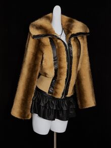 SHEIN ICON 女式街头风格性感翻领拼布仿皮束腰竖条纹仿皮草夹克棕色皮草夹克女式皮草夹克 Y2k 皮草夹克 - 卡其色 - 查看 10