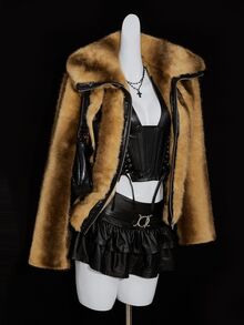 SHEIN ICON 女式街头风格性感翻领拼布仿皮束腰竖条纹仿皮草夹克棕色皮草夹克女式皮草夹克 Y2k 皮草夹克 - 卡其色 - 查看 6