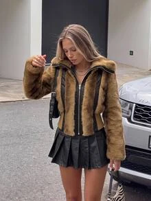 SHEIN ICON 女式街头风格性感翻领拼布仿皮束腰竖条纹仿皮草夹克棕色皮草夹克女式皮草夹克 Y2k 皮草夹克 - 卡其色 - 查看 1