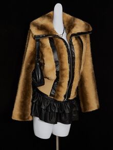SHEIN ICON 女式街头风格性感翻领拼布仿皮束腰竖条纹仿皮草夹克棕色皮草夹克女式皮草夹克 Y2k 皮草夹克 - 卡其色 - 查看 7