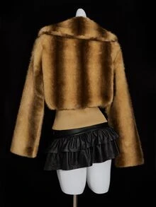 SHEIN ICON 女式街头风格性感翻领拼布仿皮束腰竖条纹仿皮草夹克棕色皮草夹克女式皮草夹克 Y2k 皮草夹克 - 卡其色 - 查看 2